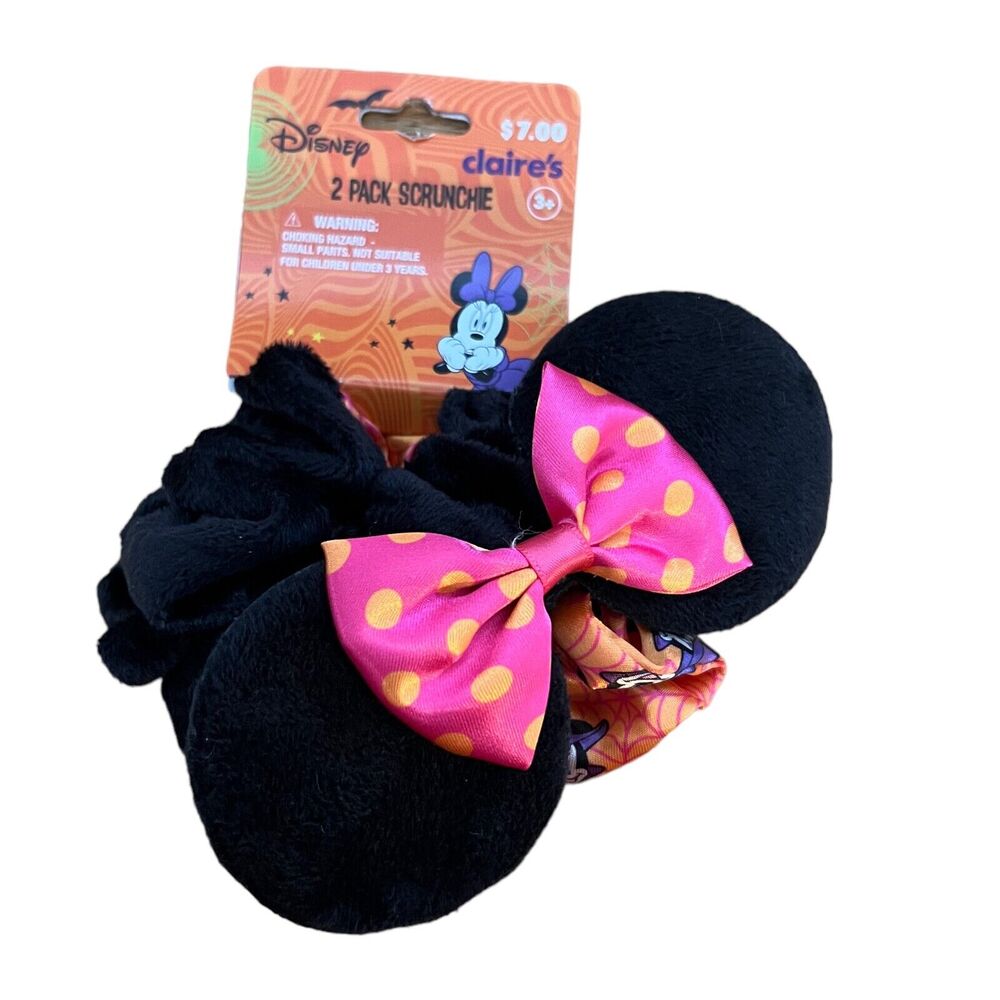 Disney Claire's Minnie Mouse Hair Scrunchie Halloween Pink Bow Set of 2 NEW